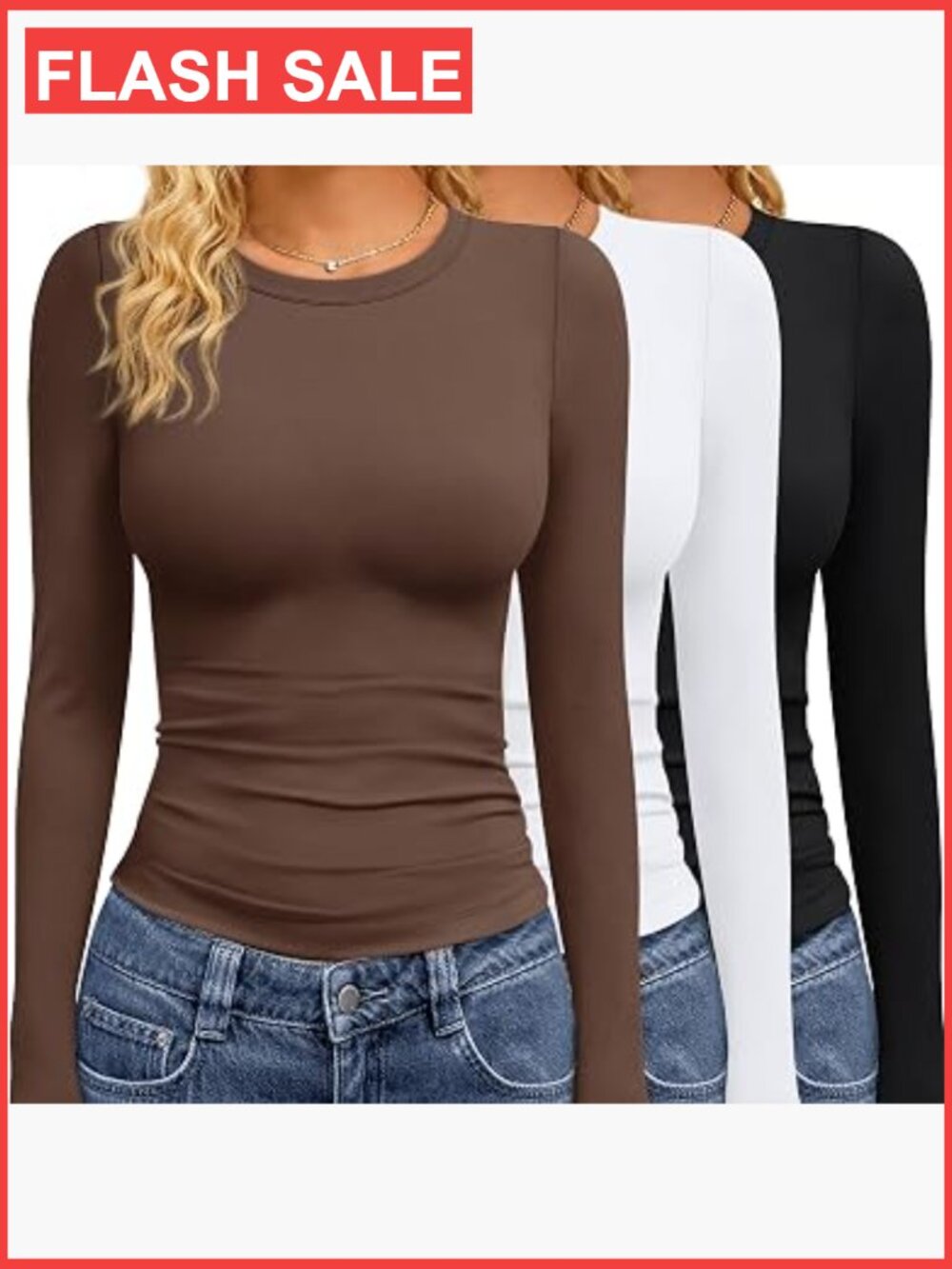 3 Pack Women's Long Sleeve Crew Neck Slim Fit Stretch Tees Cotton Soft Basic